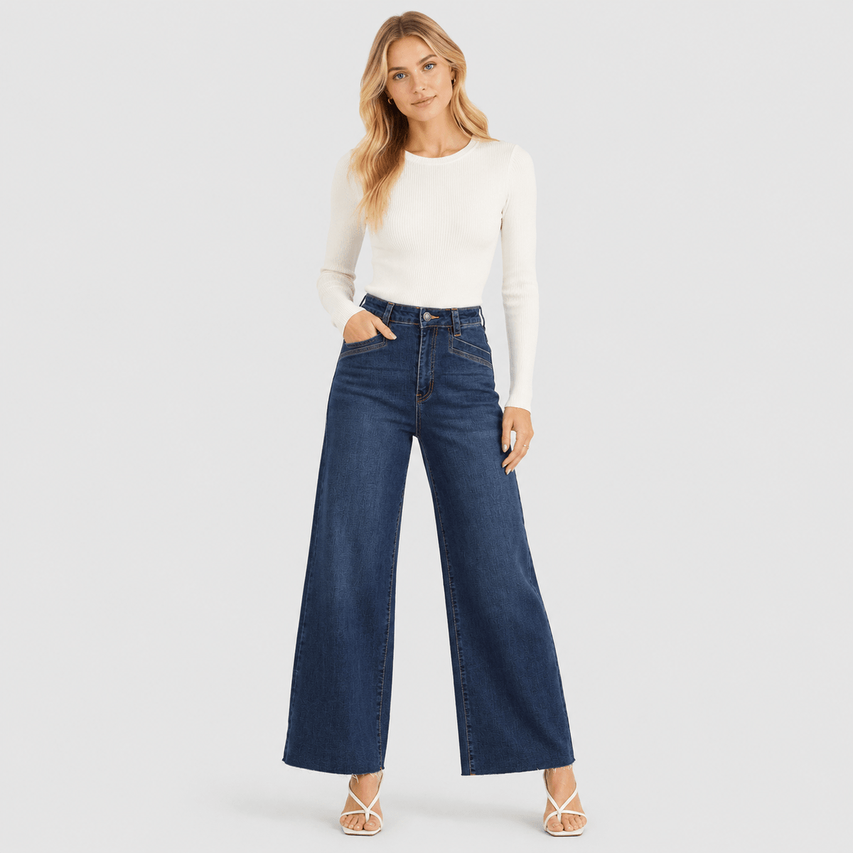 Women's High Waisted Wide Leg Jeans - Stretch Denim Pants with Raw Hem Medium Blue by MAGCOMSEN