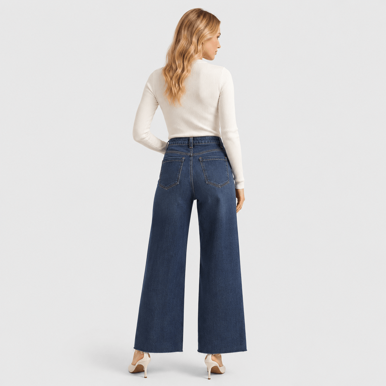 Women's High Waisted Wide Leg Jeans - Stretch Denim Pants with Raw Hem Medium Blue by MAGCOMSEN