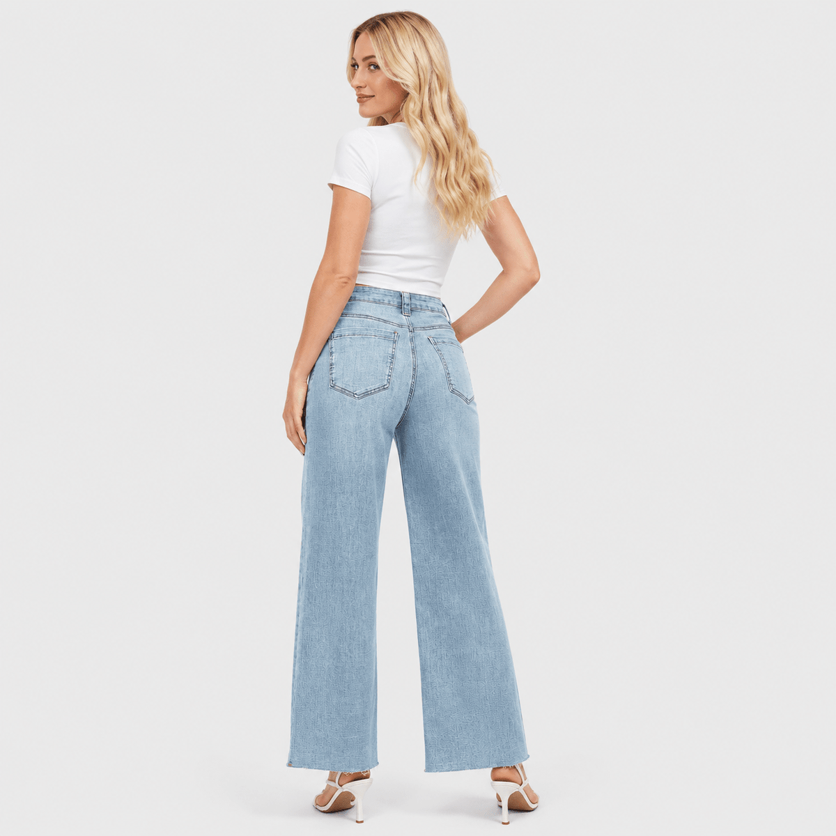 Women's High Waisted Wide Leg Jeans - Stretch Denim Pants with Raw Hem Medium Blue by MAGCOMSEN