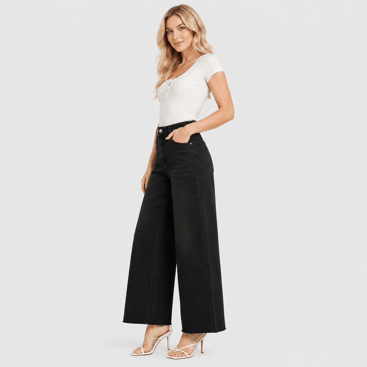 Women's High Waisted Wide Leg Jeans - Stretch Denim Pants with Raw Hem Black by MAGCOMSEN