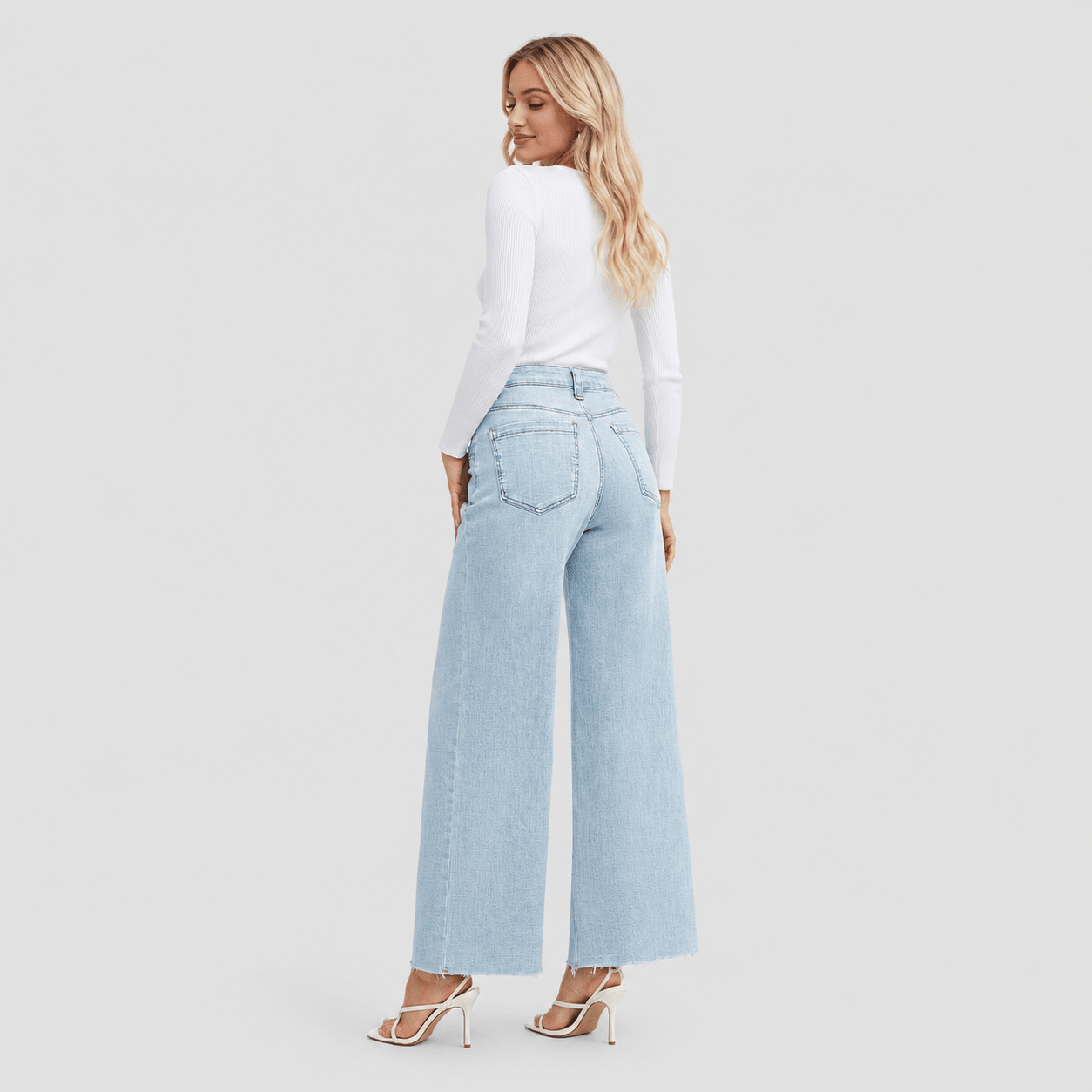 Women's High Waisted Wide Leg Jeans - Stretch Denim Pants with Raw Hem Light Blue by MAGCOMSEN