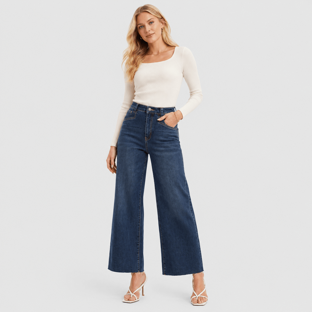 Women's High Waisted Wide Leg Jeans - Stretch Denim Pants with Raw Hem Medium Blue by MAGCOMSEN