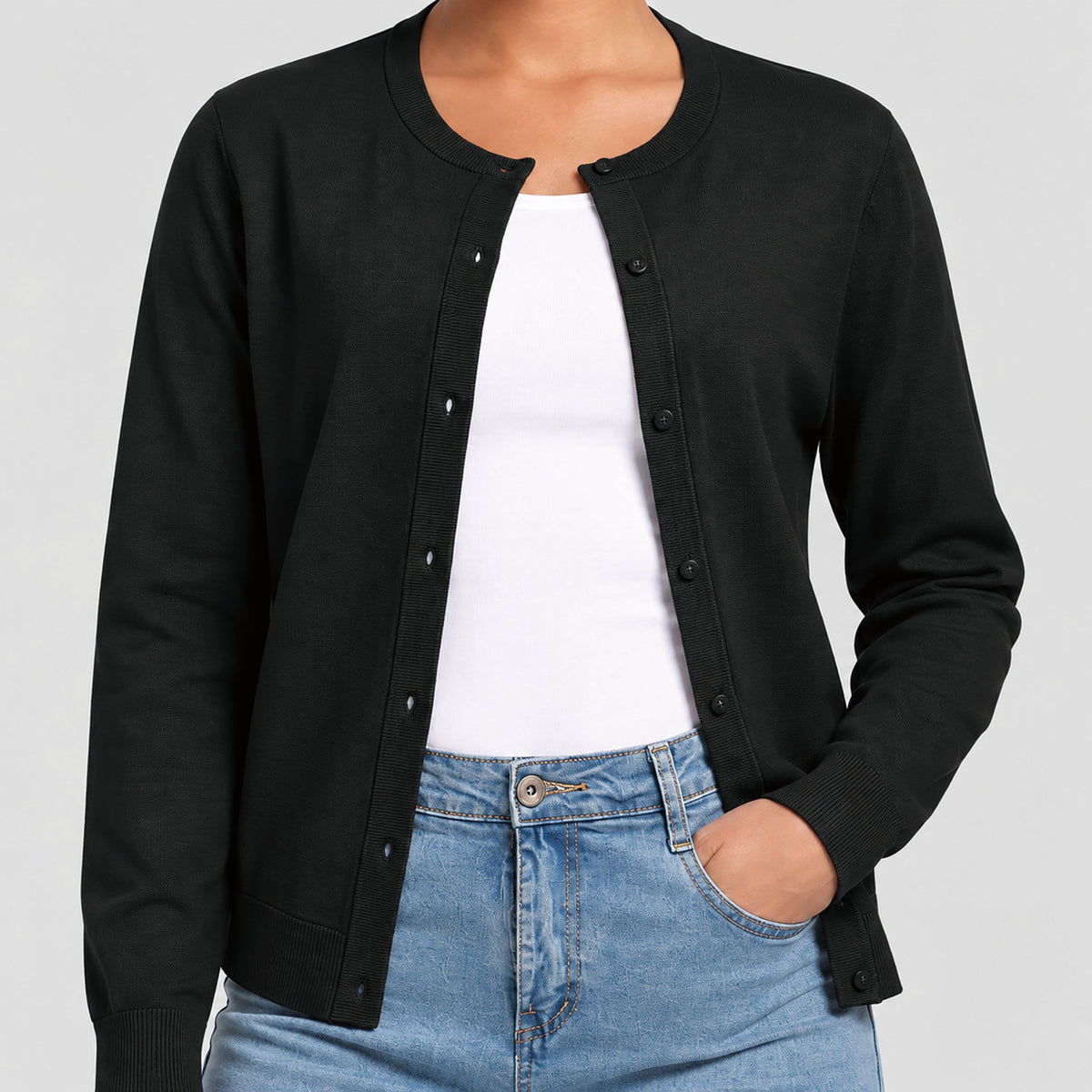 Women's Lightweight Button Front Crewneck Cardigan Black by MAGCOMSEN