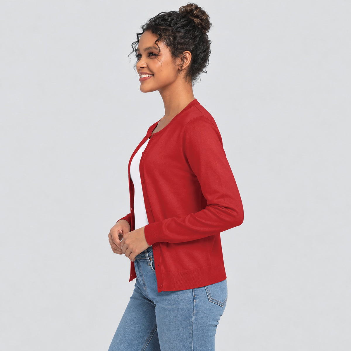 Women's Lightweight Button Front Crewneck Cardigan Tomatored by MAGCOMSEN