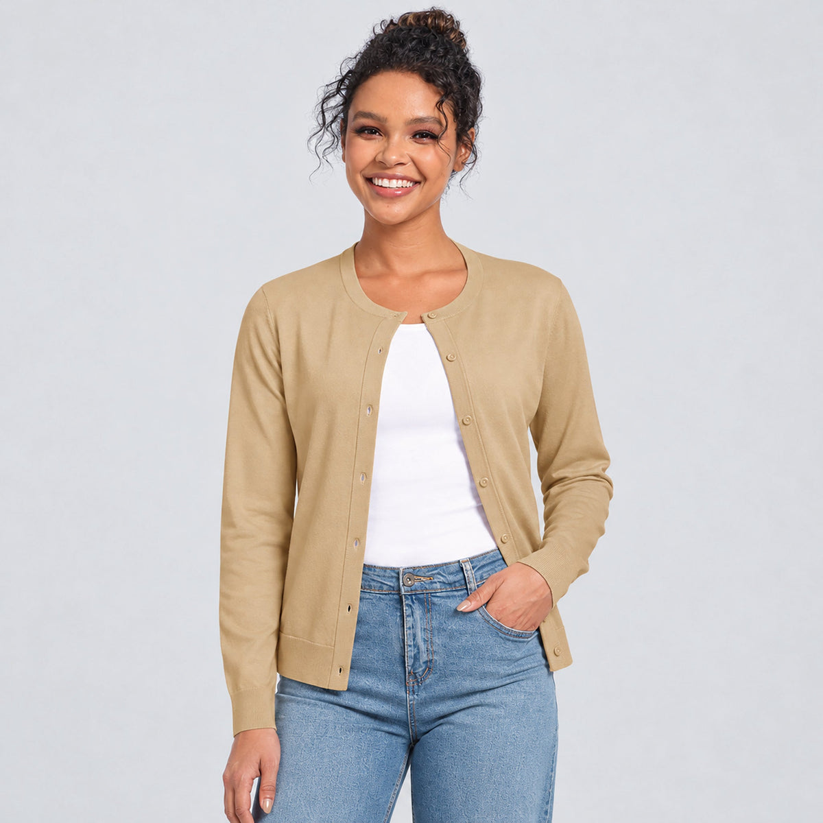 Women's Lightweight Button Front Crewneck Cardigan Apricot by MAGCOMSEN