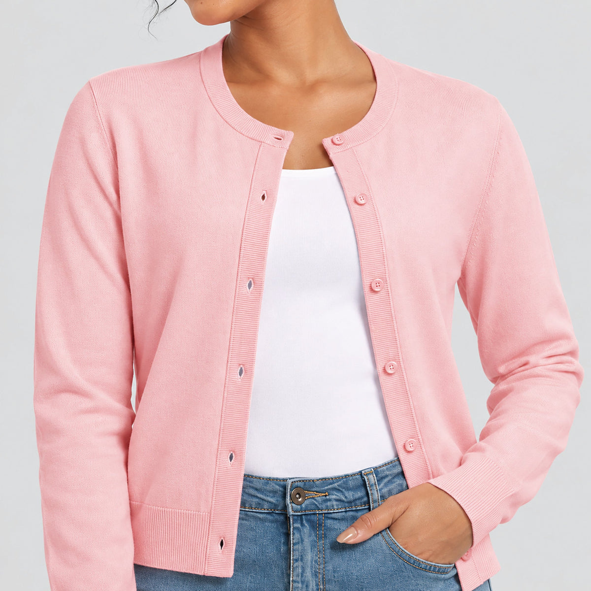 Women's Lightweight Button Front Crewneck Cardigan Light Pink by MAGCOMSEN