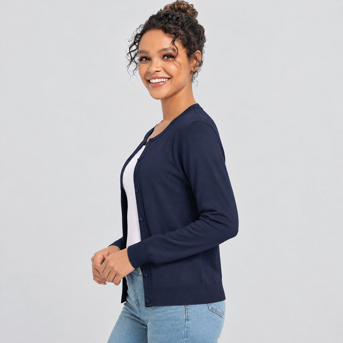 Women's Lightweight Button Front Crewneck Cardigan Navy by MAGCOMSEN