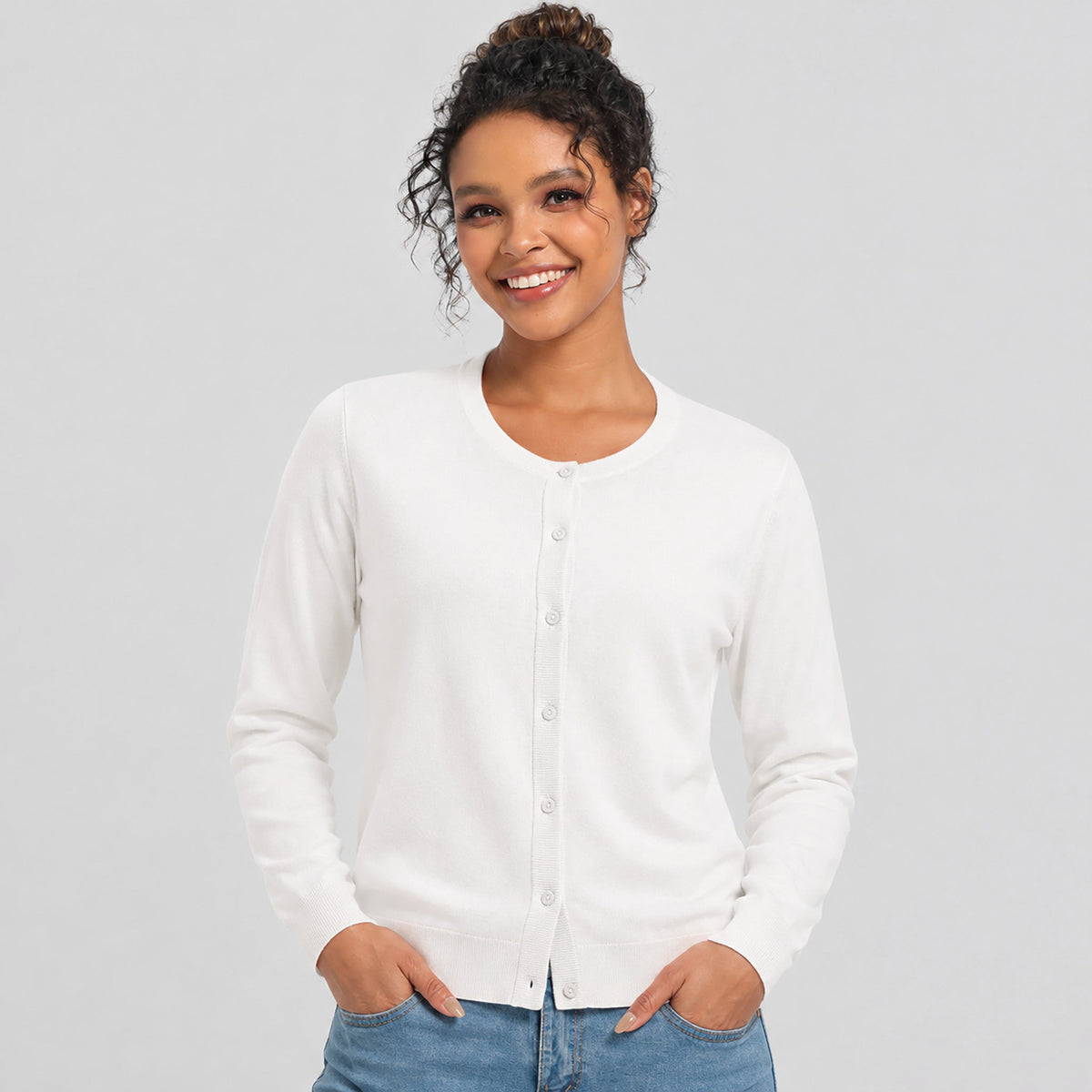 Women's Lightweight Button Front Crewneck Cardigan White by MAGCOMSEN