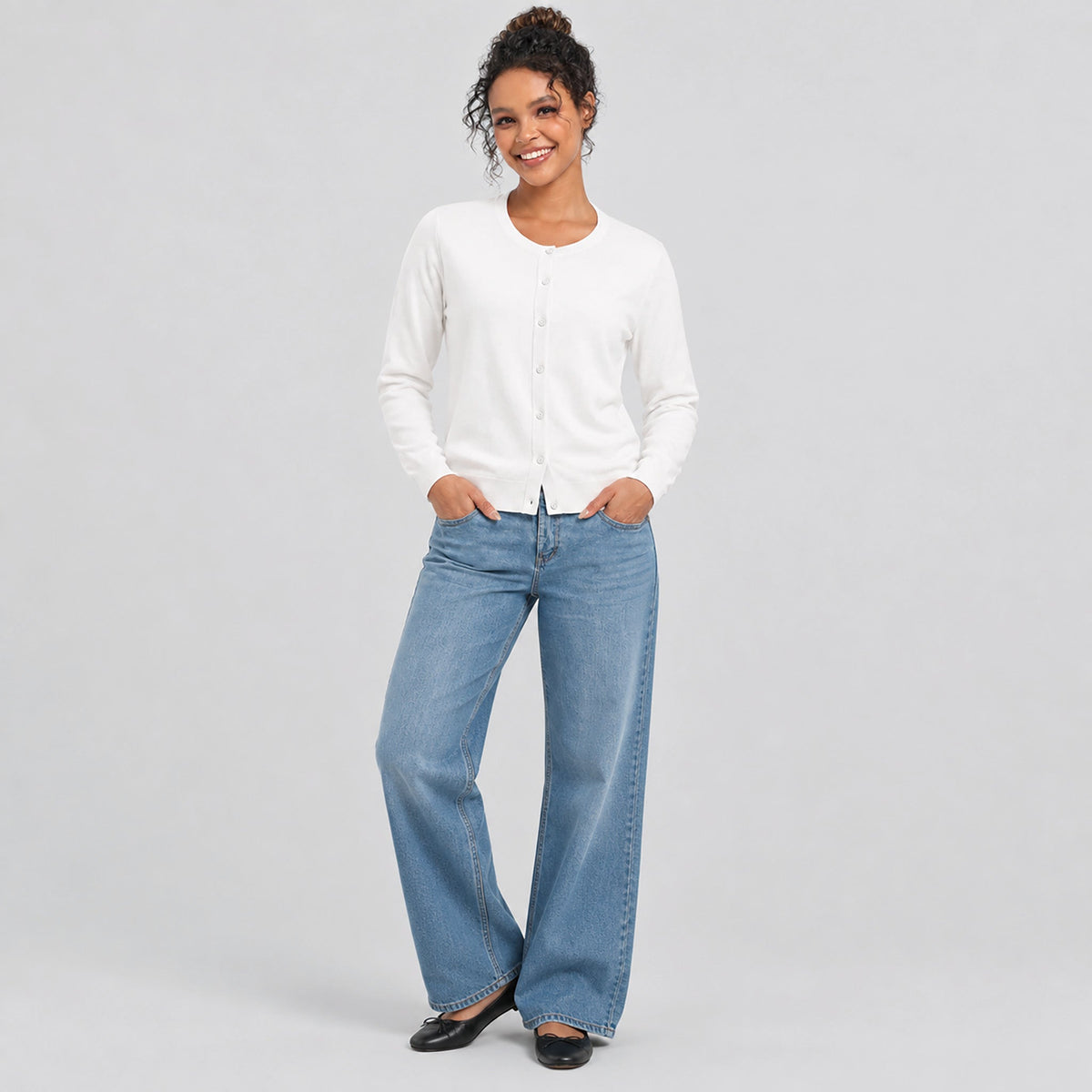 Women's Lightweight Button Front Crewneck Cardigan White by MAGCOMSEN