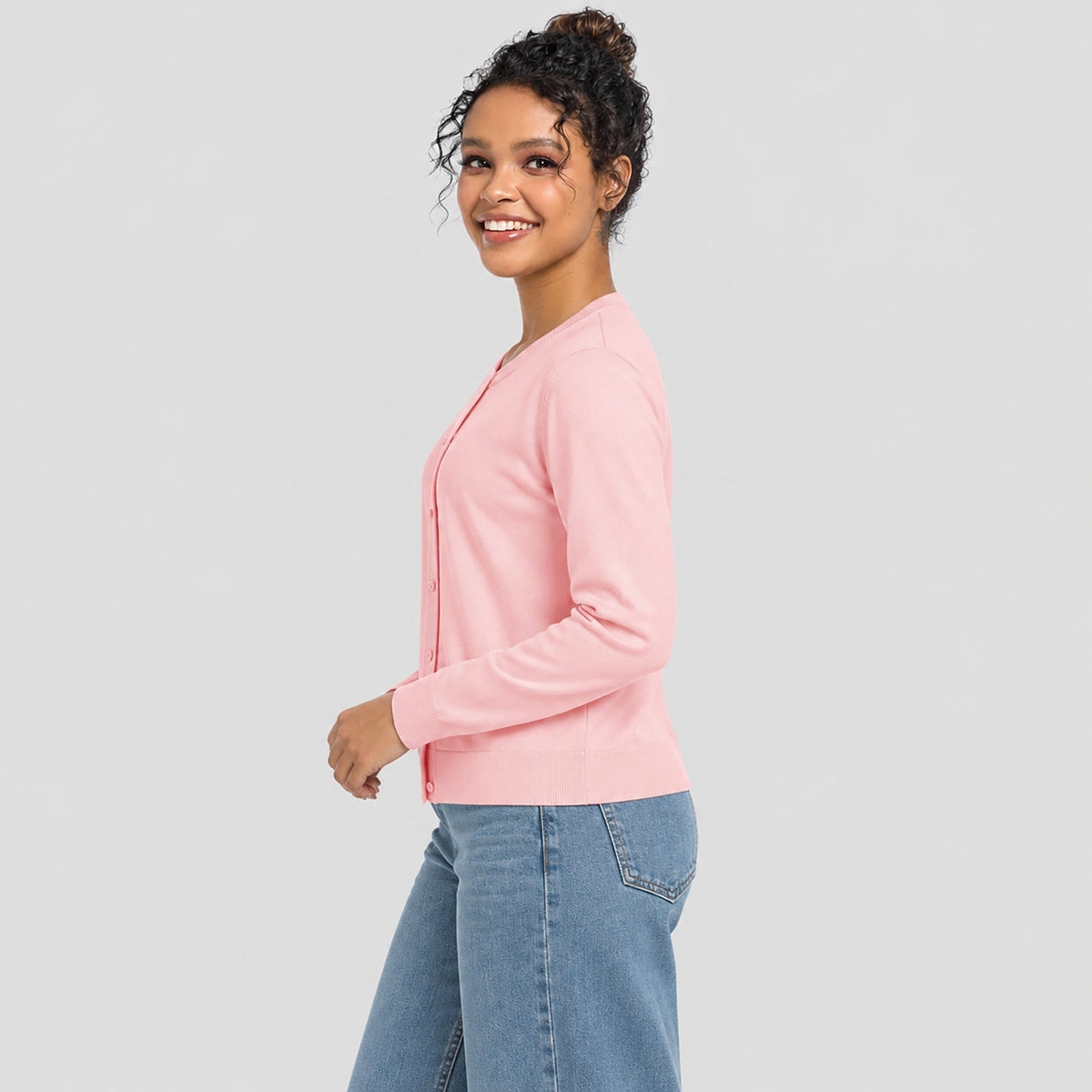 Women's Lightweight Button Front Crewneck Cardigan Light Pink by MAGCOMSEN