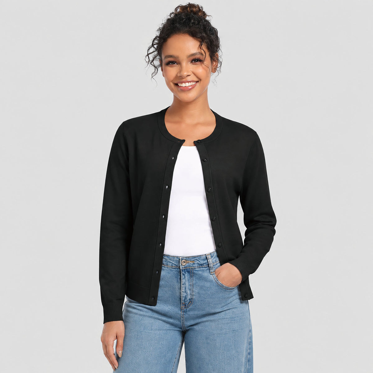 Women's Lightweight Button Front Crewneck Cardigan Black by MAGCOMSEN