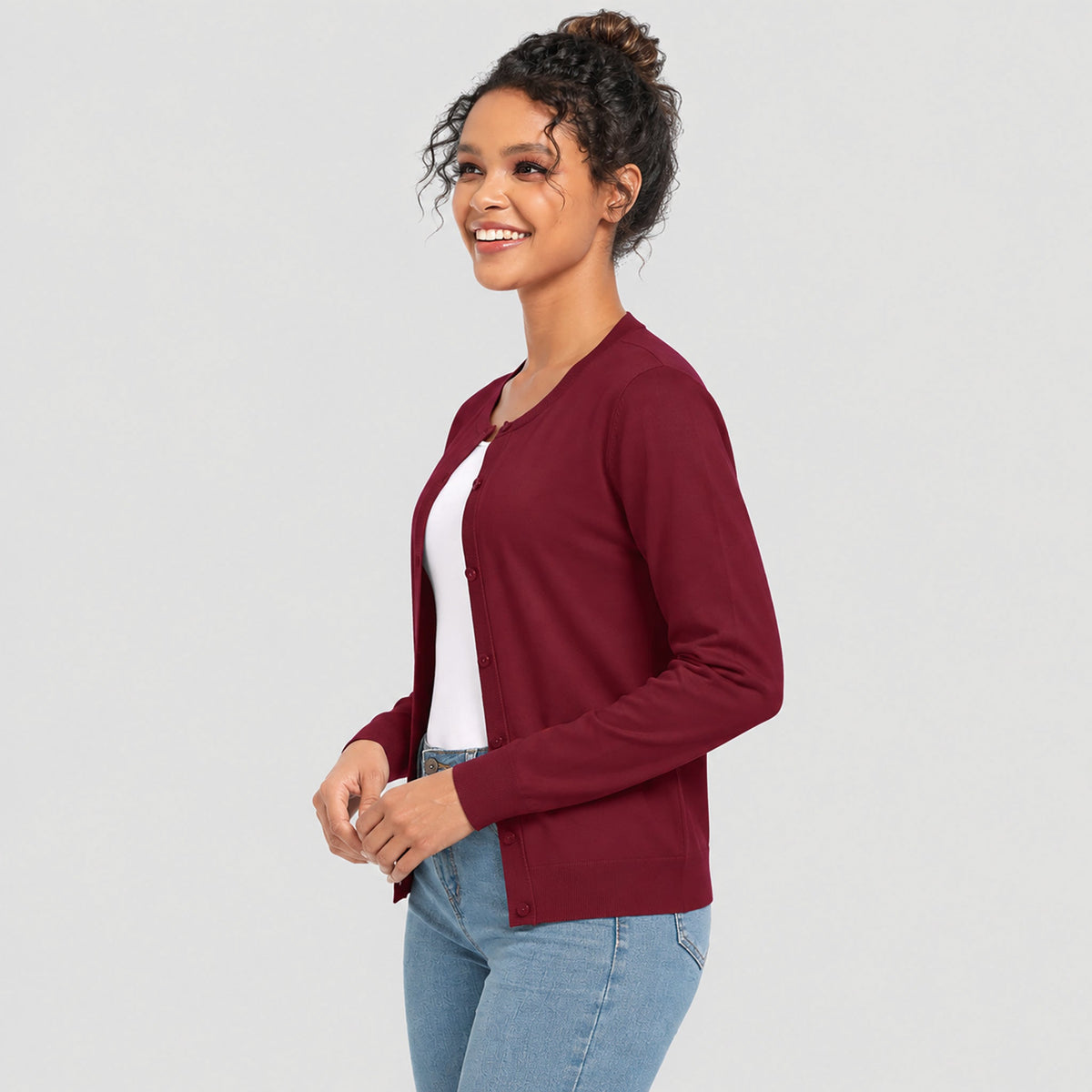 Women's Lightweight Button Front Crewneck Cardigan Wine Red by MAGCOMSEN
