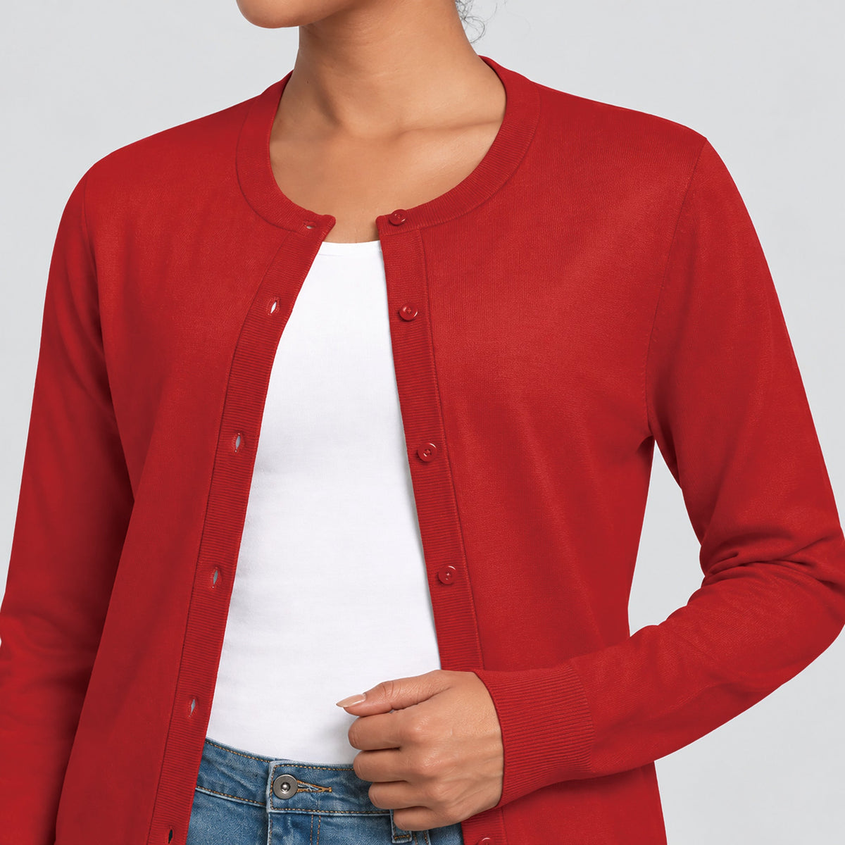 Women's Lightweight Button Front Crewneck Cardigan Tomatored by MAGCOMSEN