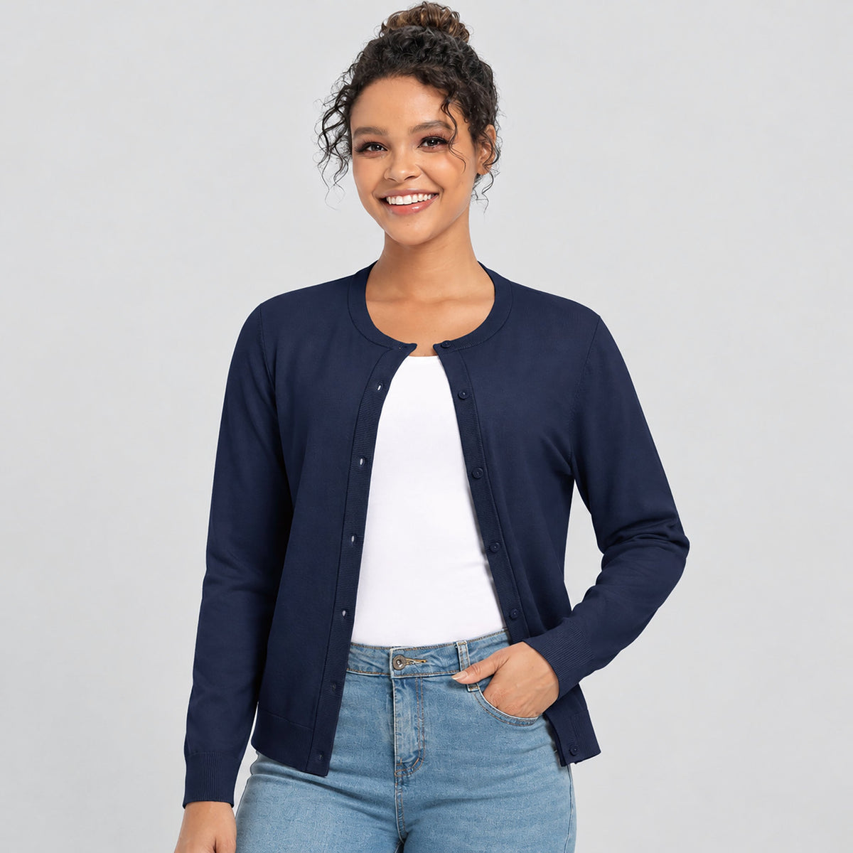 Women's Lightweight Button Front Crewneck Cardigan Navy by MAGCOMSEN