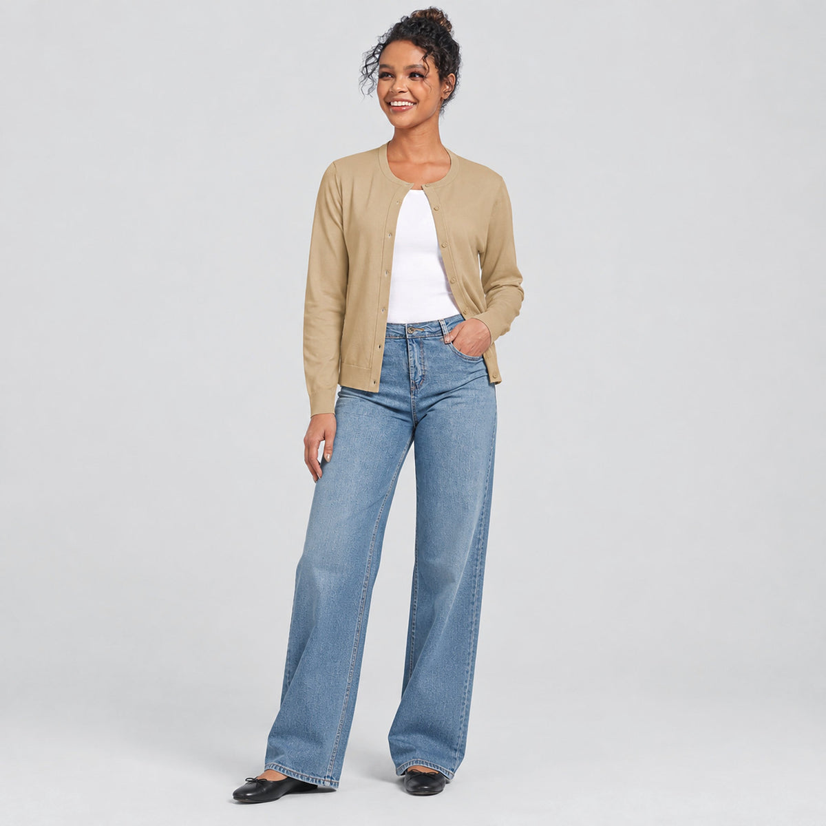 Women's Lightweight Button Front Crewneck Cardigan Apricot by MAGCOMSEN