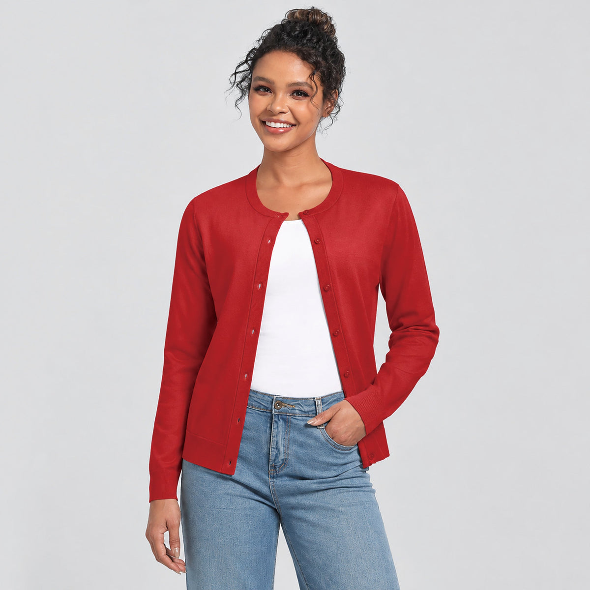 Women's Lightweight Button Front Crewneck Cardigan Tomatored by MAGCOMSEN