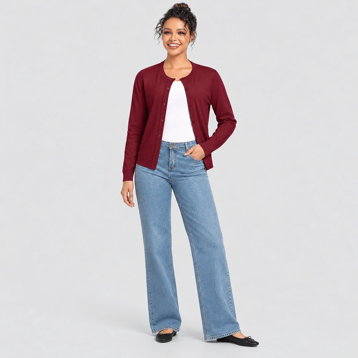 Women's Lightweight Button Front Crewneck Cardigan Wine Red by MAGCOMSEN
