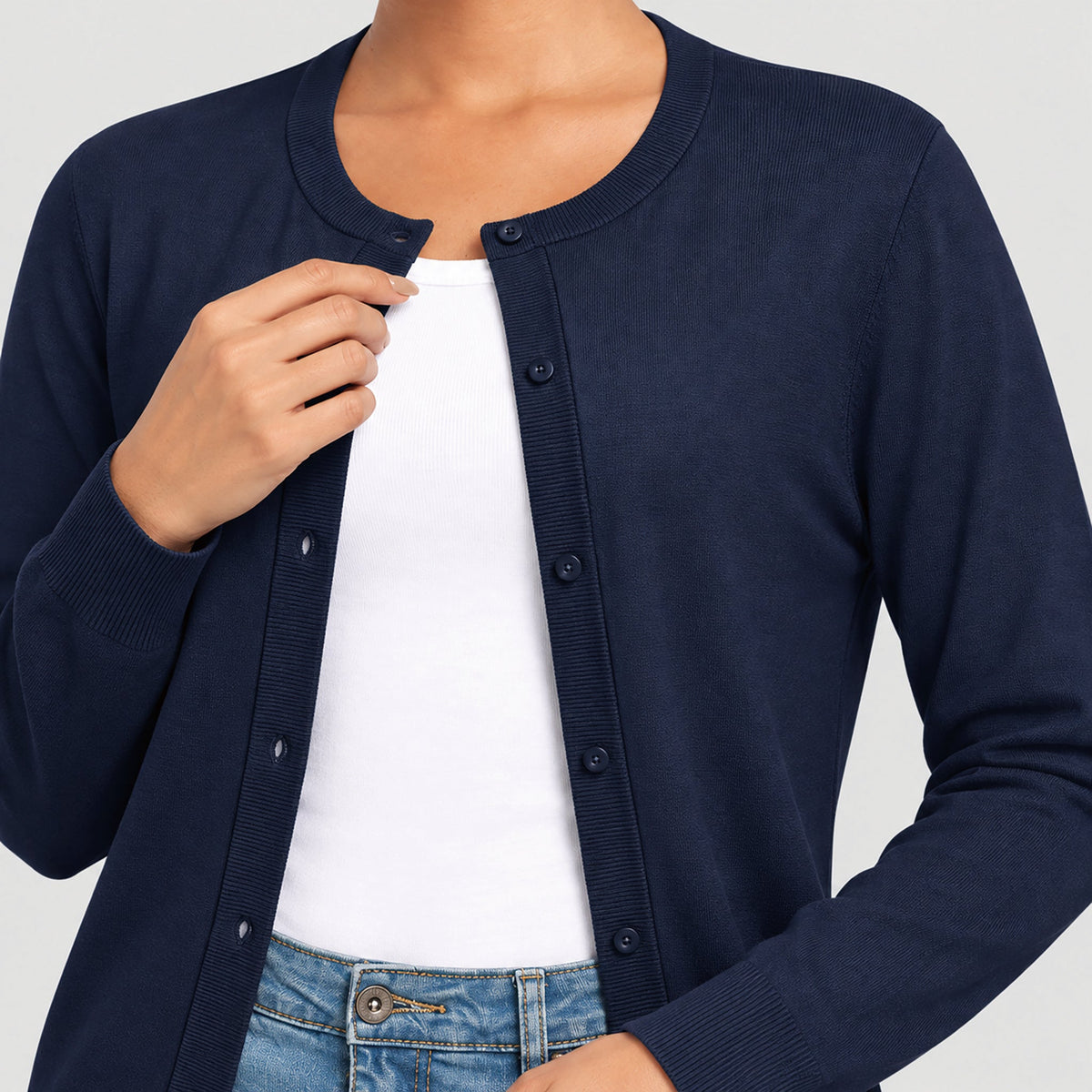 Women's Lightweight Button Front Crewneck Cardigan Navy by MAGCOMSEN