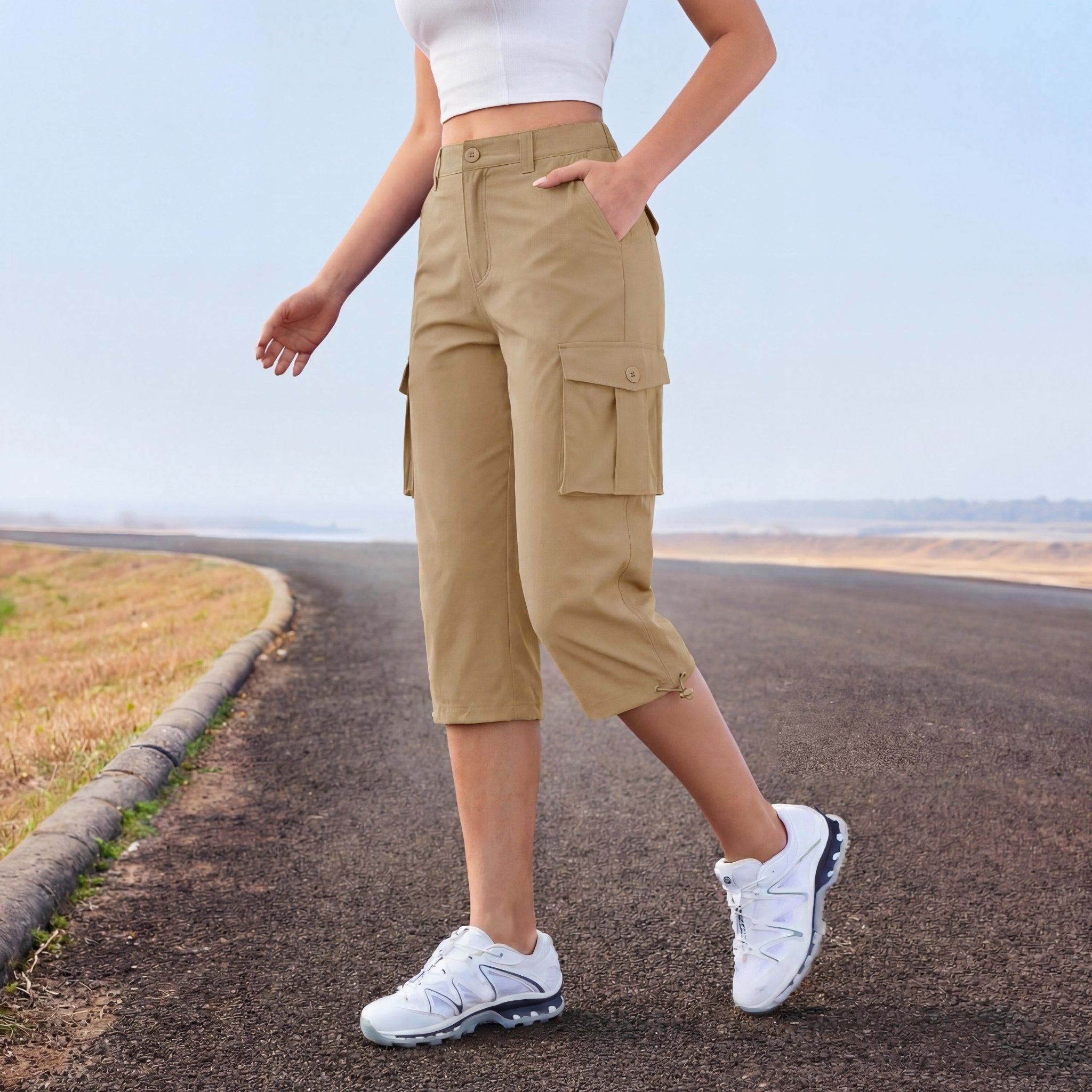 Women's Lightweight Cargo Capris with 6 Pockets Light Grey by MAGCOMSEN #Color_Khaki