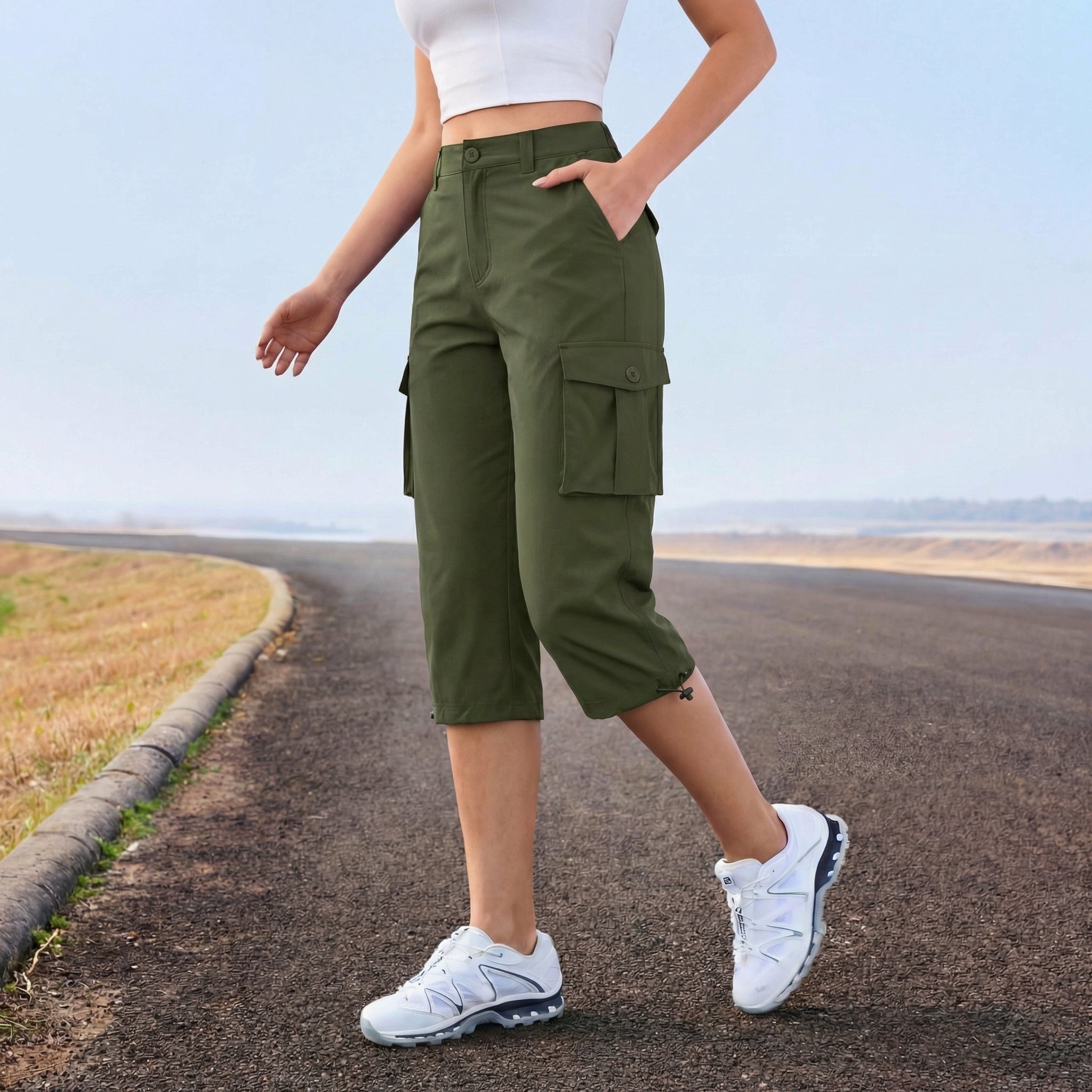 Women's Lightweight Cargo Capris with 6 Pockets Light Grey by MAGCOMSEN #Color_Army Green