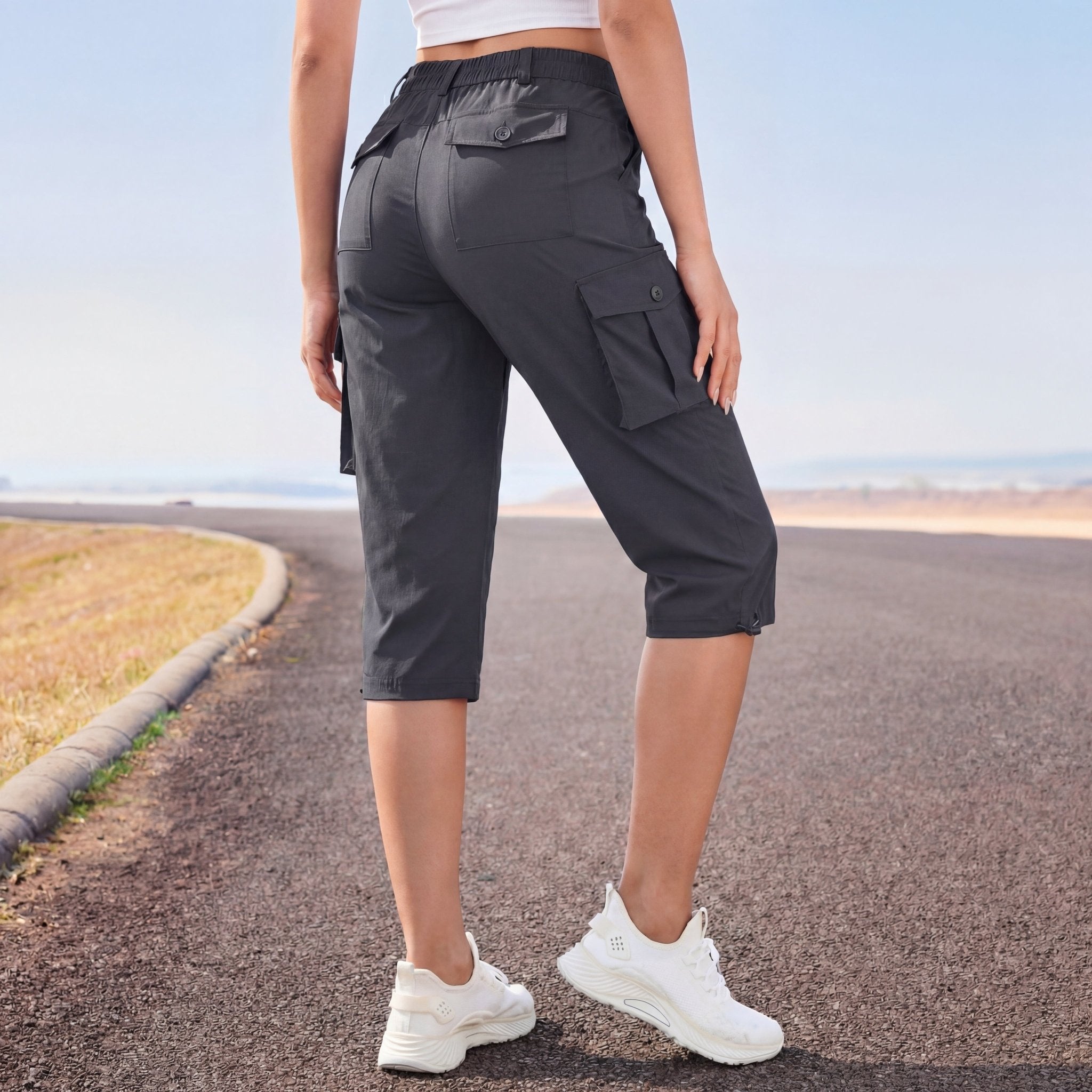 Women's Lightweight Cargo Capris with 6 Pockets Light Grey by MAGCOMSEN #Color_Dark Grey