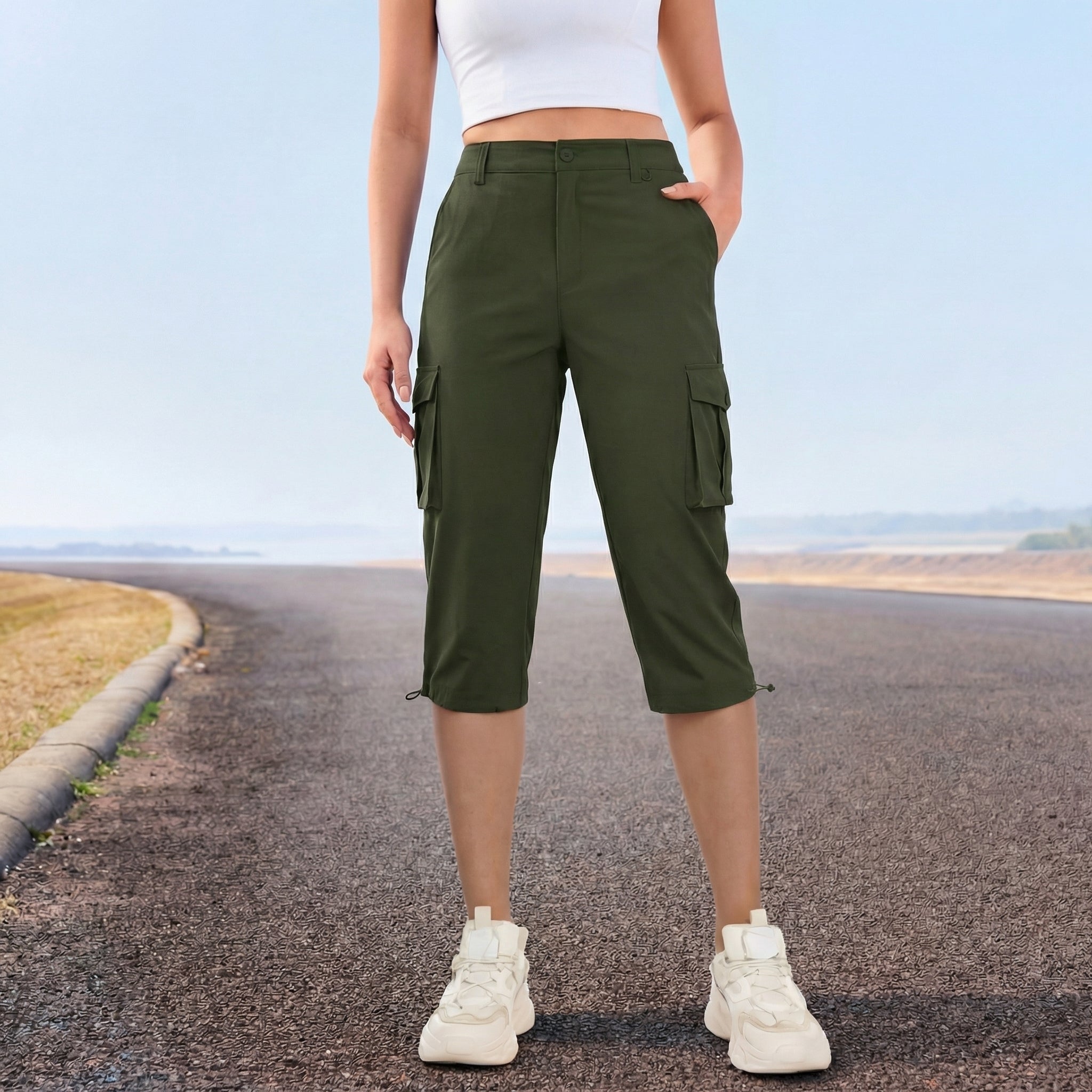 Women's Lightweight Cargo Capris with 6 Pockets Light Grey by MAGCOMSEN #Color_Army Green