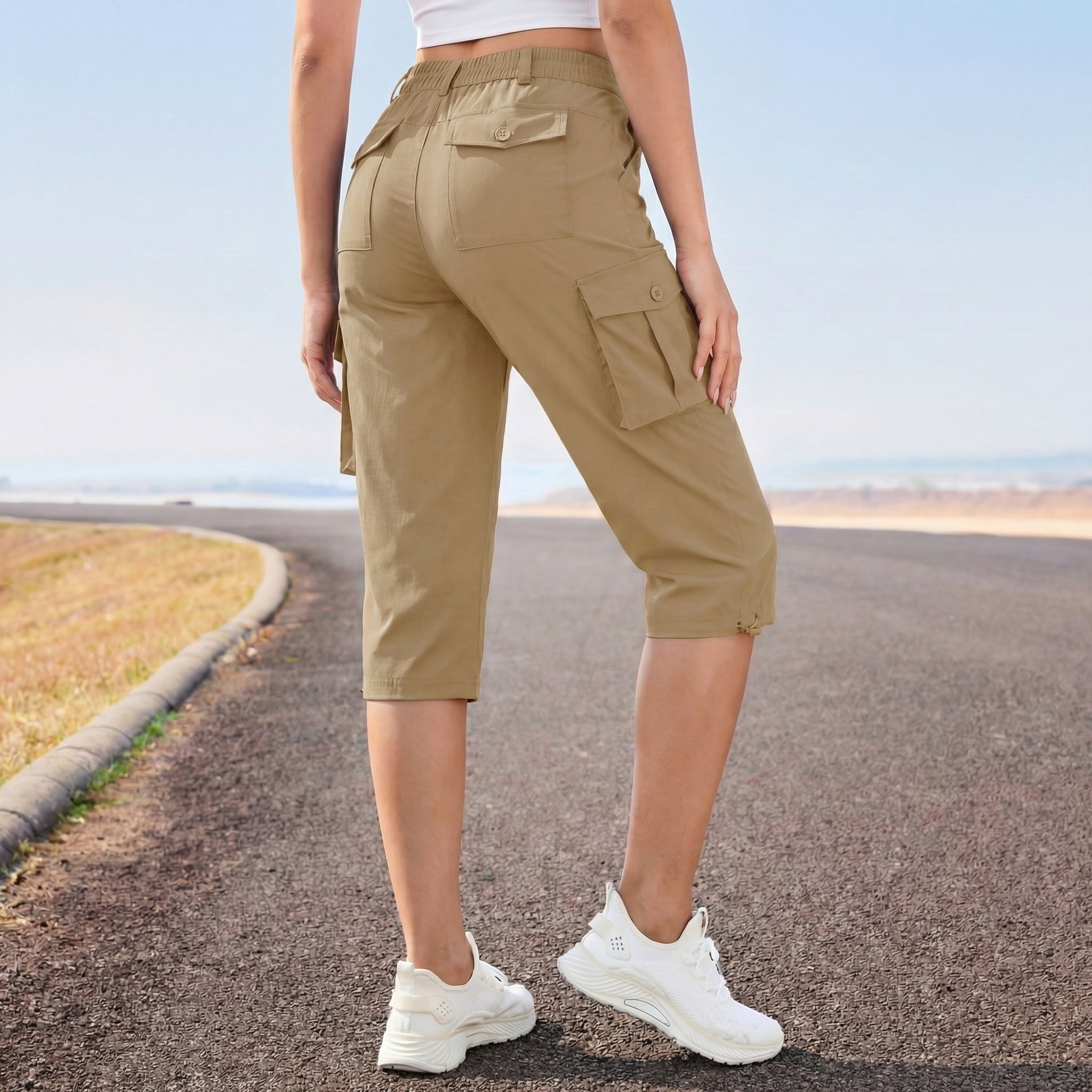 Women's Lightweight Cargo Capris with 6 Pockets Light Grey by MAGCOMSEN #Color_Khaki