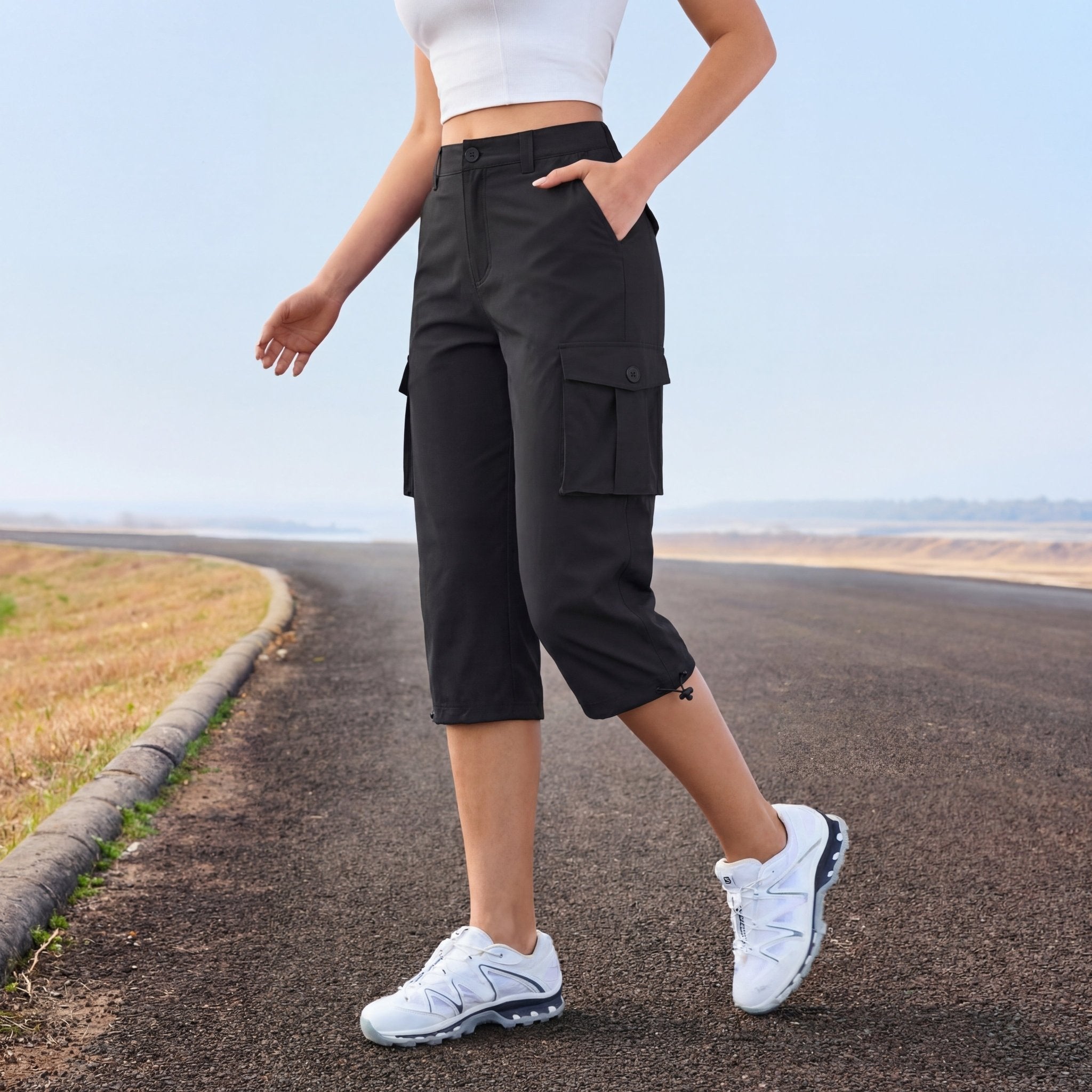 Women's Lightweight Cargo Capris with 6 Pockets Light Grey by MAGCOMSEN #Color_Black