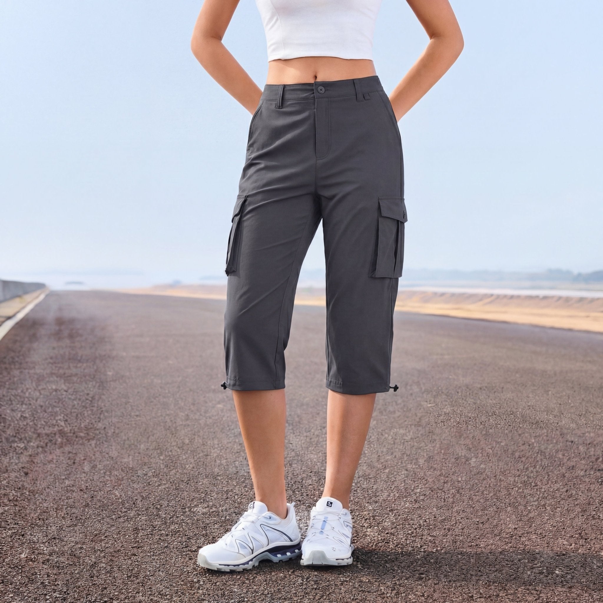 Women's Lightweight Cargo Capris with 6 Pockets Light Grey by MAGCOMSEN #Color_Dark Grey