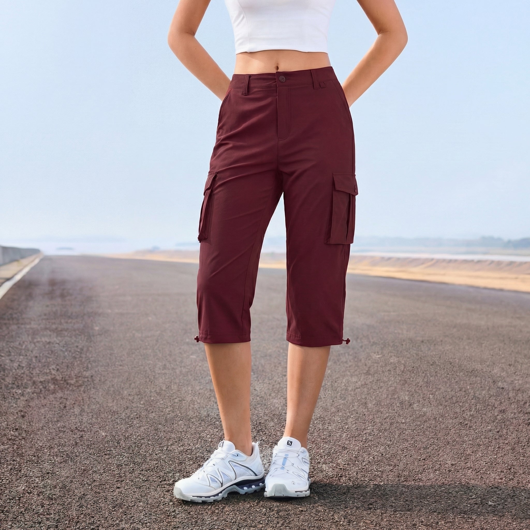 Women's Lightweight Cargo Capris with 6 Pockets Light Grey by MAGCOMSEN #Color_Wine Red