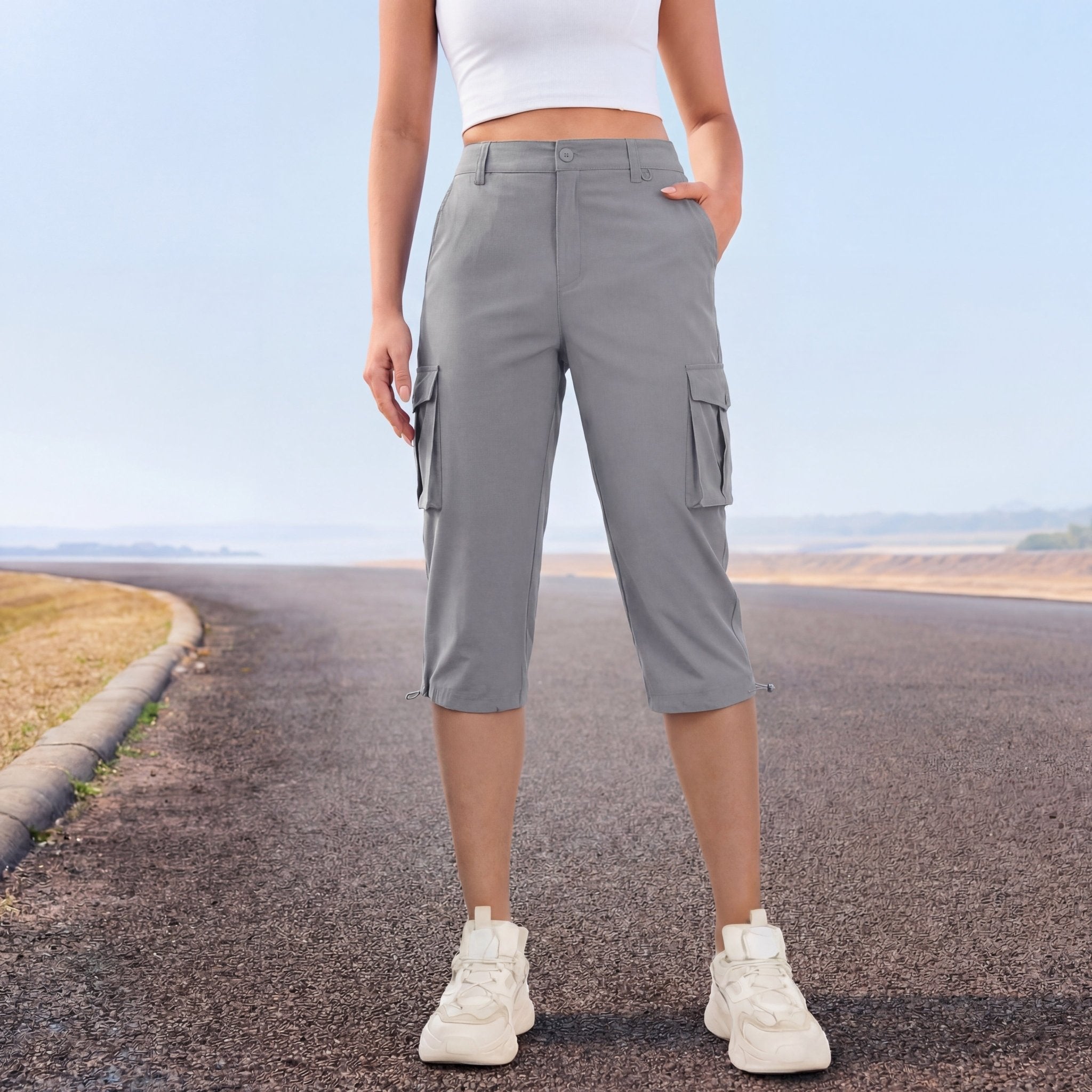 Women's Lightweight Cargo Capris with 6 Pockets Light Grey by MAGCOMSEN #Color_Light Grey