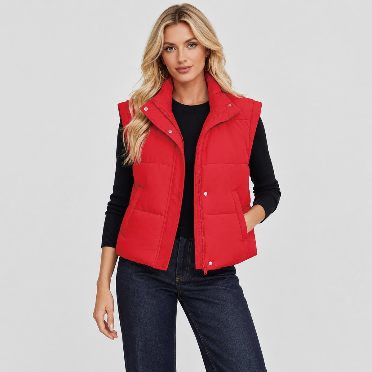 Red MAGCOMSEN Womens Lightweight Cropped Puffer Vest with Stand Collar in #Color_Red