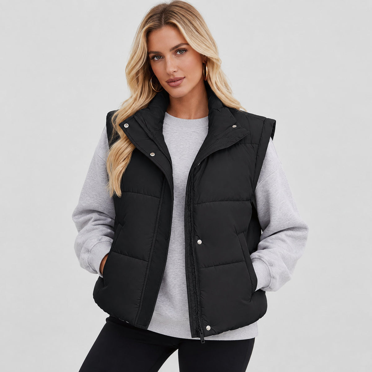 Black MAGCOMSEN Womens Lightweight Cropped Puffer Vest with Stand Collar in #Color_Black