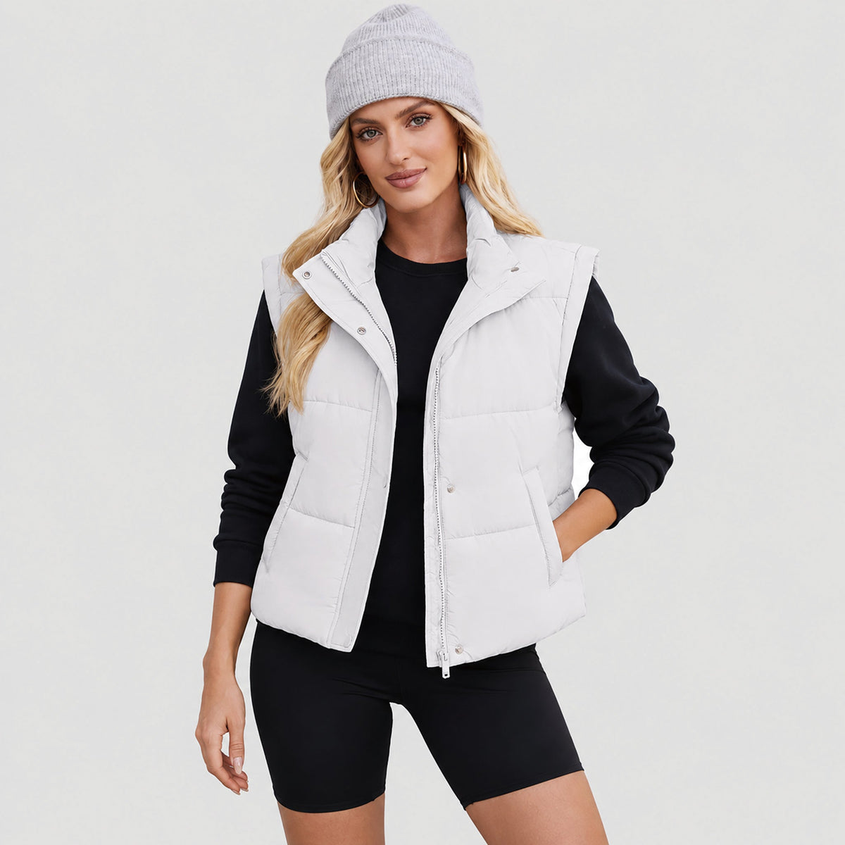 White MAGCOMSEN Womens Lightweight Cropped Puffer Vest with Stand Collar in #Color_White
