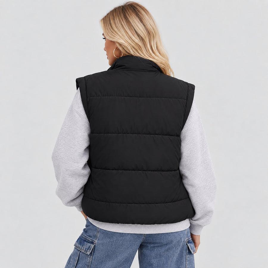 Womens Lightweight Cropped Puffer Vest with Stand Collar
