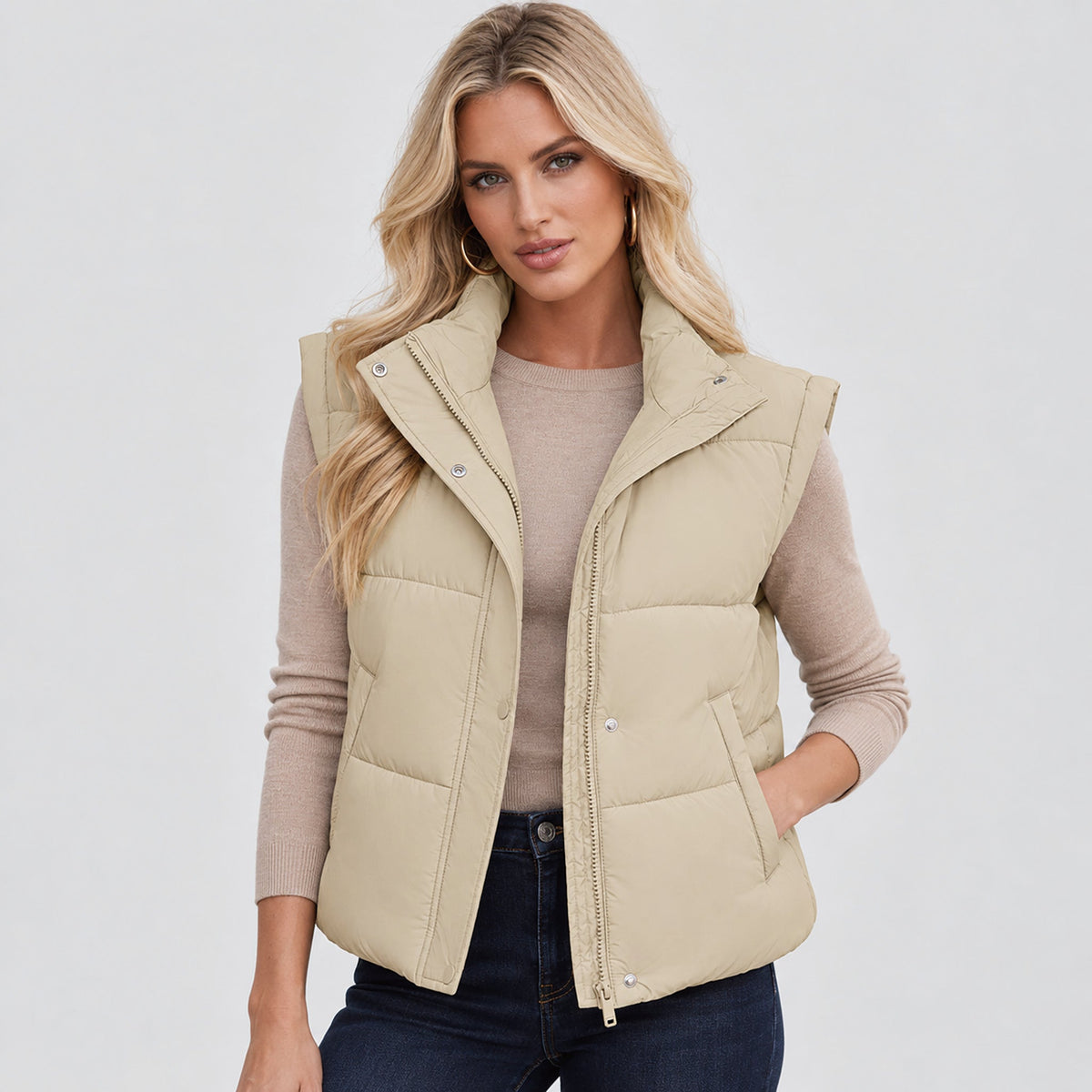 Champagne MAGCOMSEN Womens Lightweight Cropped Puffer Vest with Stand Collar in #Color_Champagne