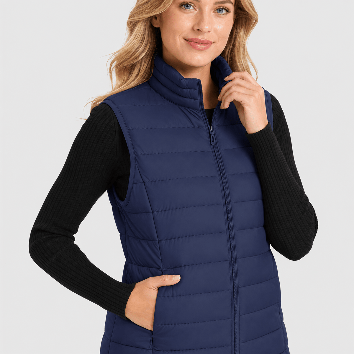 Navy MAGCOMSEN Women's Lightweight Puffer Vest with 4 Pockets & Stand Collar in #Color_Navy