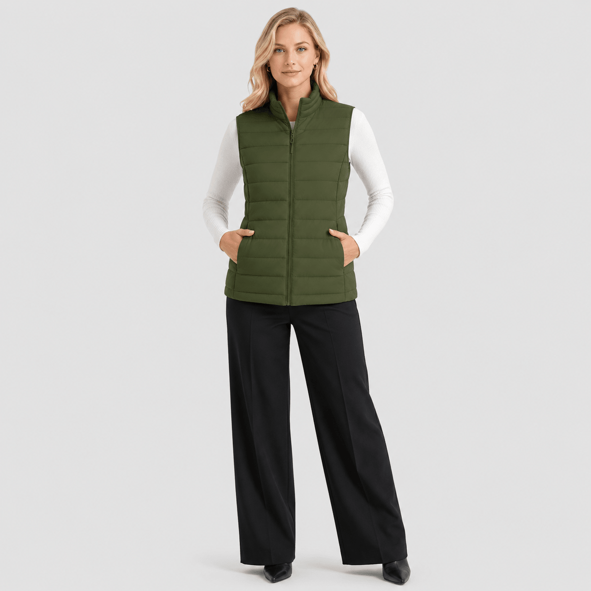 Army Green MAGCOMSEN Women's Lightweight Puffer Vest with 4 Pockets & Stand Collar in #Color_Army Green