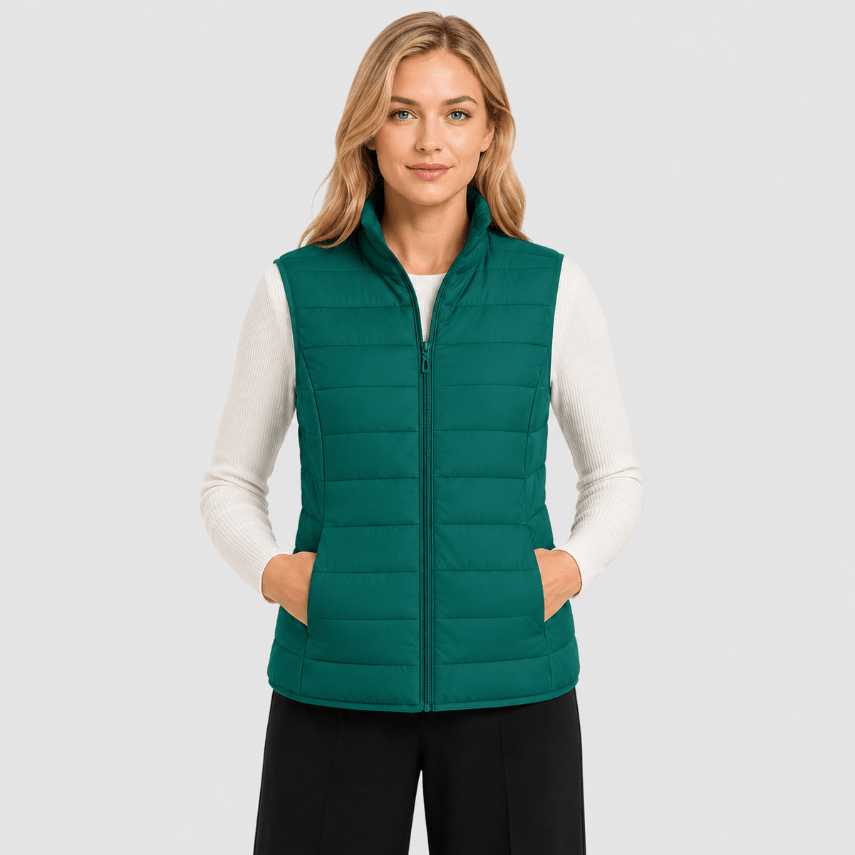 Emerald Green MAGCOMSEN Women's Lightweight Puffer Vest with 4 Pockets & Stand Collar in #Color_Emerald Green