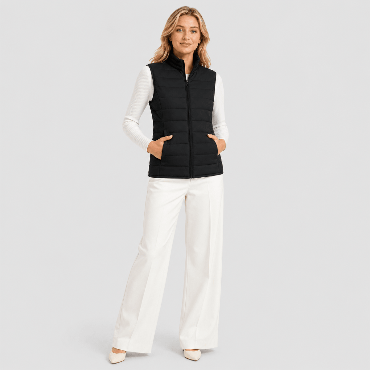 Black MAGCOMSEN Women's Lightweight Puffer Vest with 4 Pockets & Stand Collar in #Color_Black