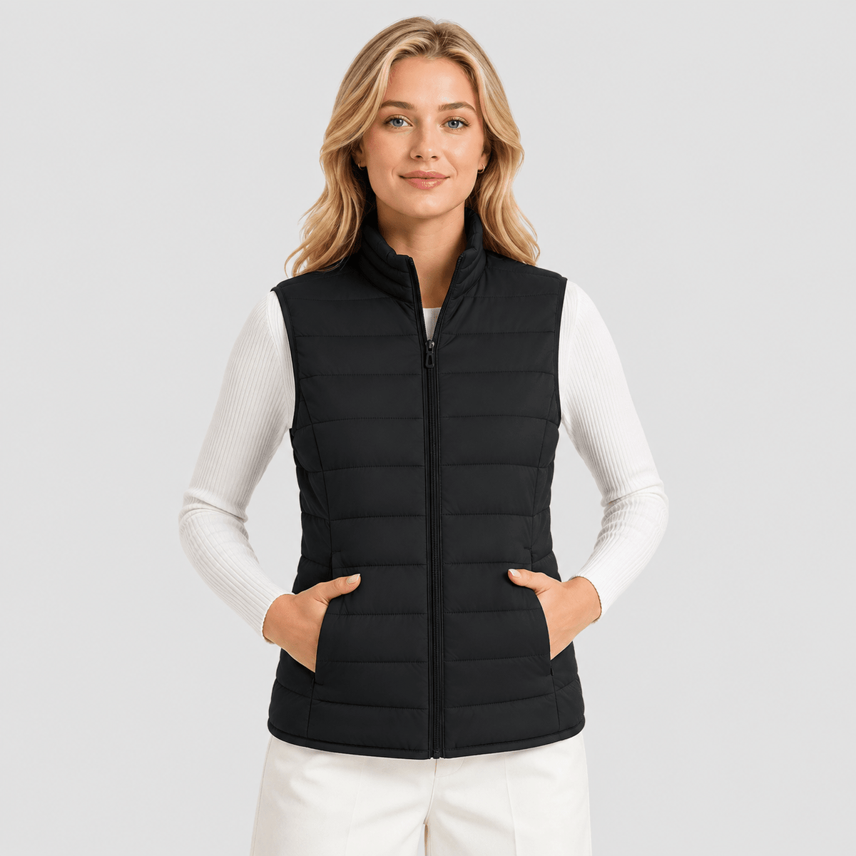 Black MAGCOMSEN Women's Lightweight Puffer Vest with 4 Pockets & Stand Collar in #Color_Black