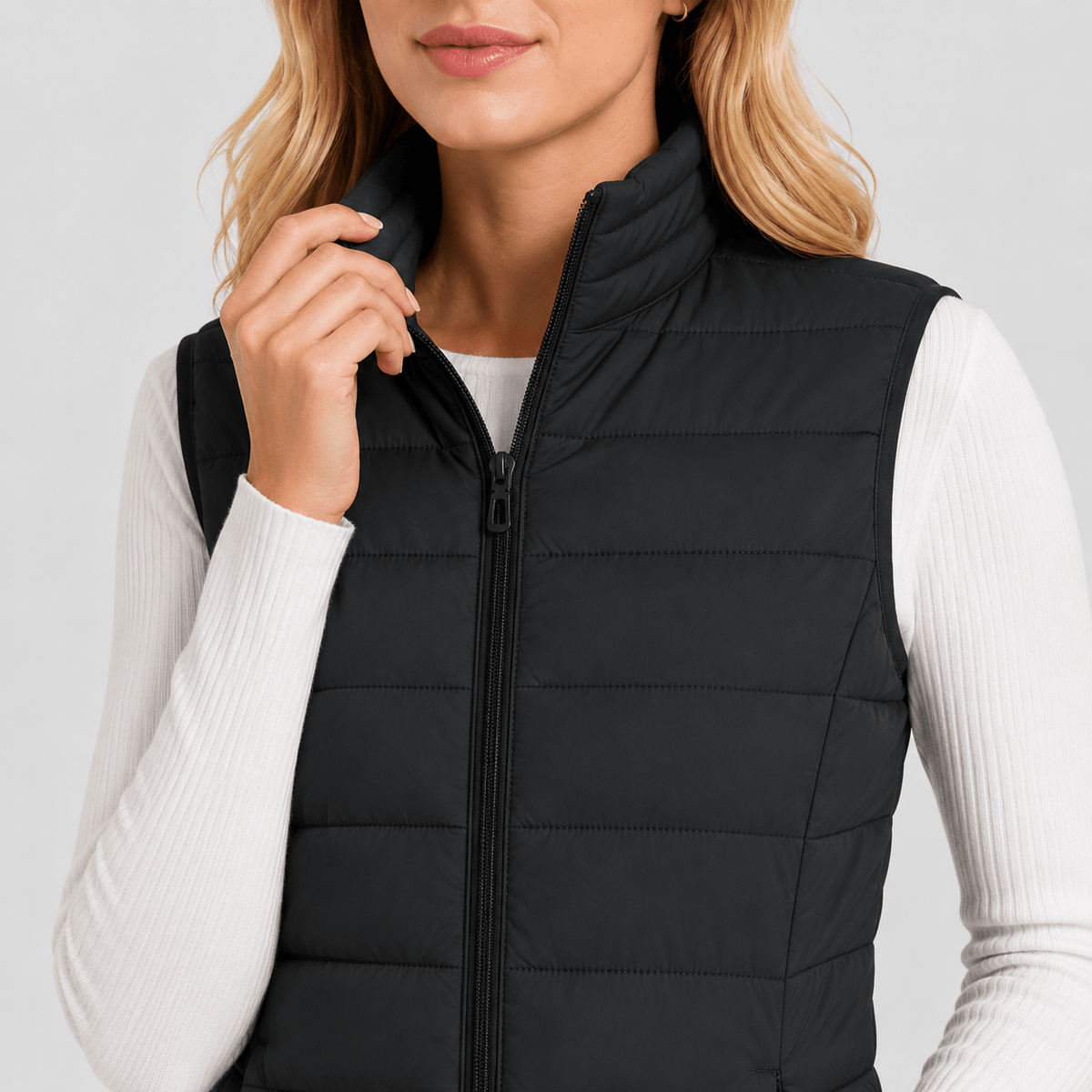 Black MAGCOMSEN Women's Lightweight Puffer Vest with 4 Pockets & Stand Collar in #Color_Black