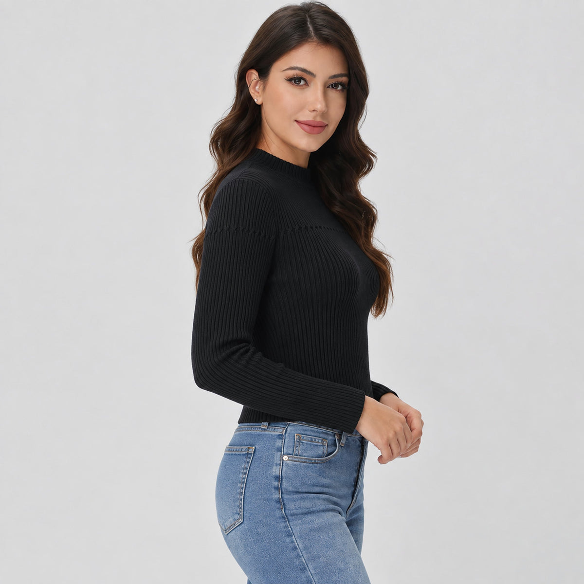 Women's Lightweight Ribbed Mock Neck Sweater Long Sleeve Pullover Black by MAGCOMSEN