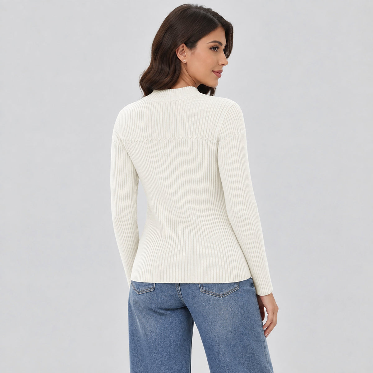 Women's Lightweight Ribbed Mock Neck Sweater Long Sleeve Pullover Beige White by MAGCOMSEN