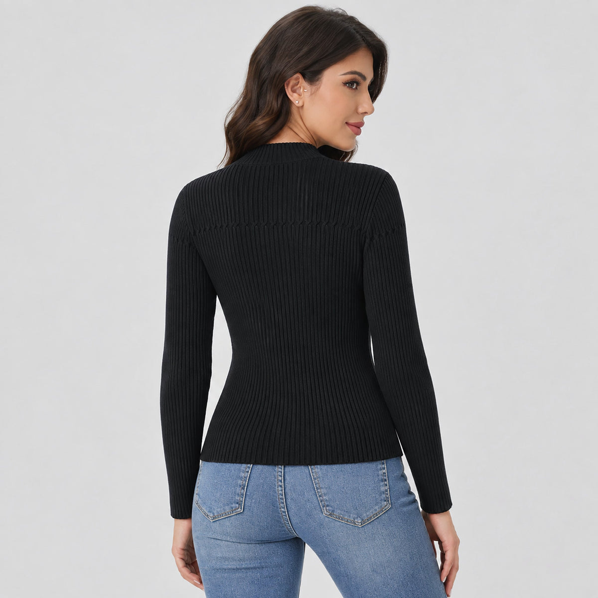 Women's Lightweight Ribbed Mock Neck Sweater Long Sleeve Pullover Black by MAGCOMSEN
