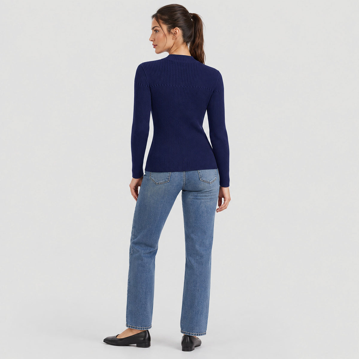 Women's Lightweight Ribbed Mock Neck Sweater Long Sleeve Pullover Navy by MAGCOMSEN