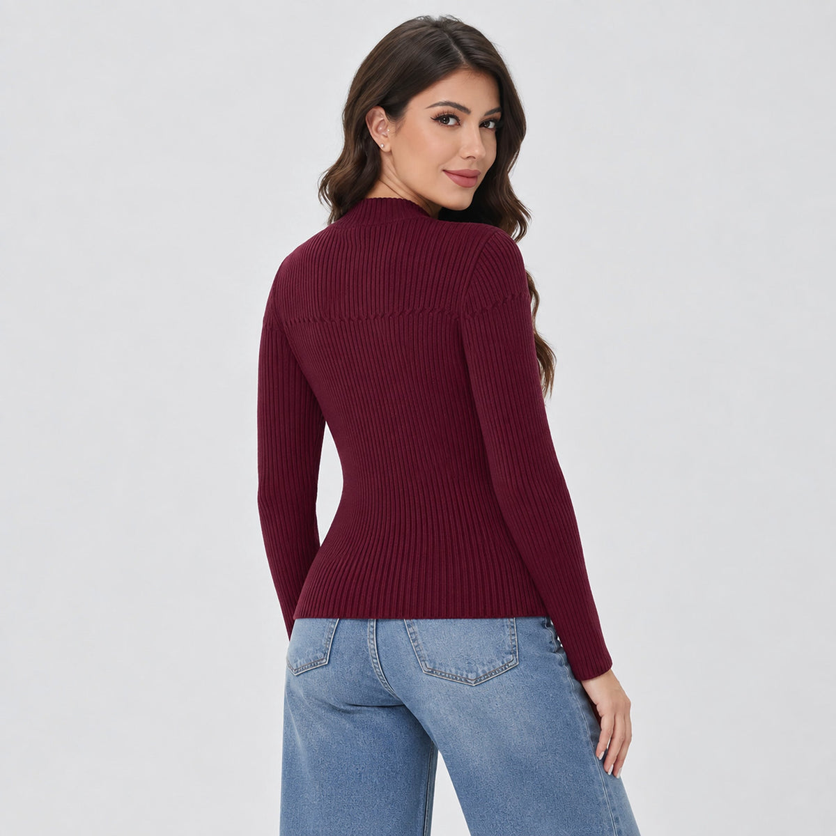 Women's Lightweight Ribbed Mock Neck Sweater Long Sleeve Pullover Vintage Red by MAGCOMSEN