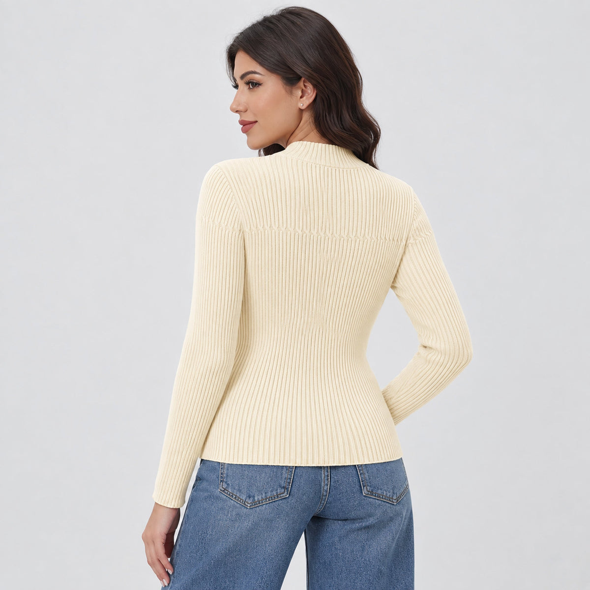 Women's Lightweight Ribbed Mock Neck Sweater Long Sleeve Pullover Light Apricot by MAGCOMSEN