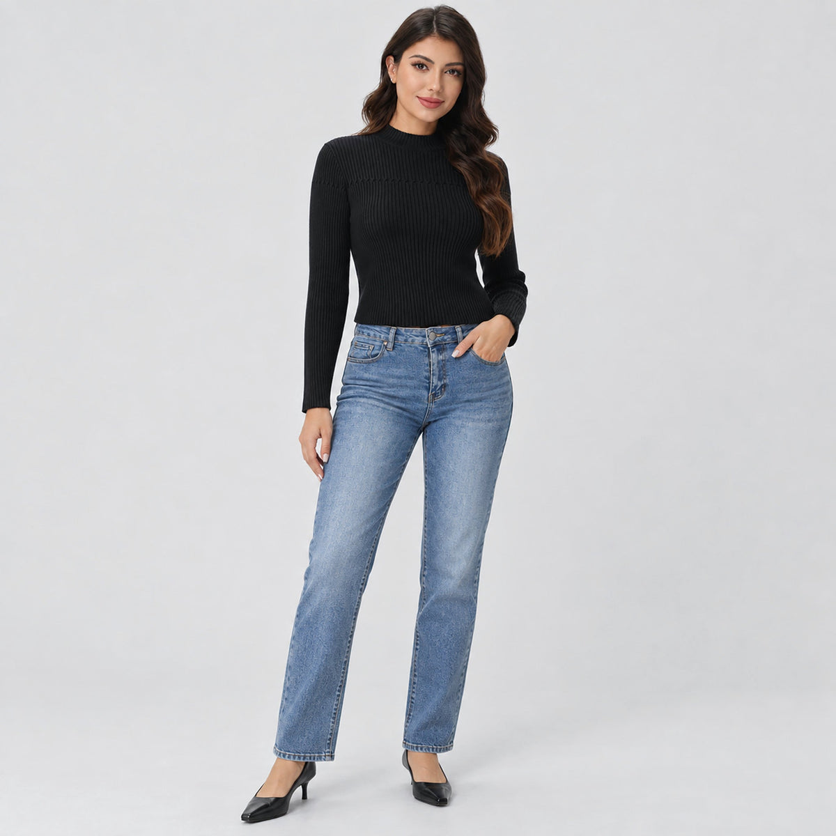 Women's Lightweight Ribbed Mock Neck Sweater Long Sleeve Pullover Black by MAGCOMSEN