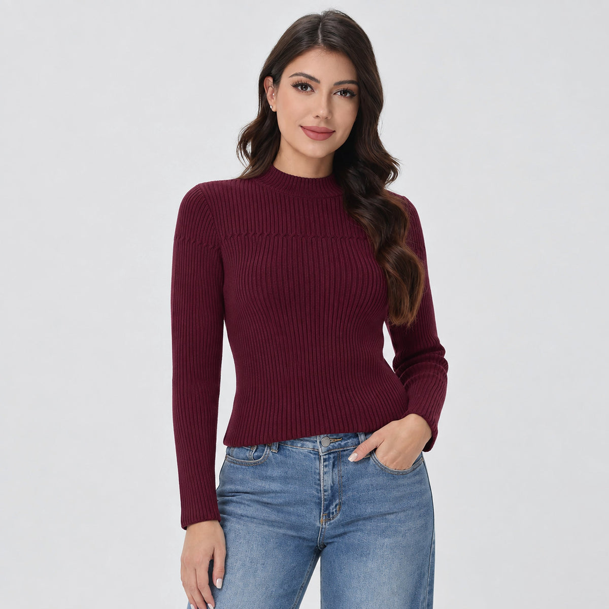 Women's Lightweight Ribbed Mock Neck Sweater Long Sleeve Pullover Vintage Red by MAGCOMSEN